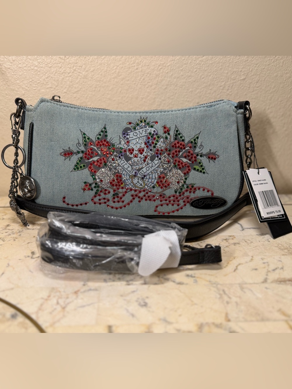 Ed Hardy Light Blue Denim Crossbody with Rhinestone Tattoo Floral Design